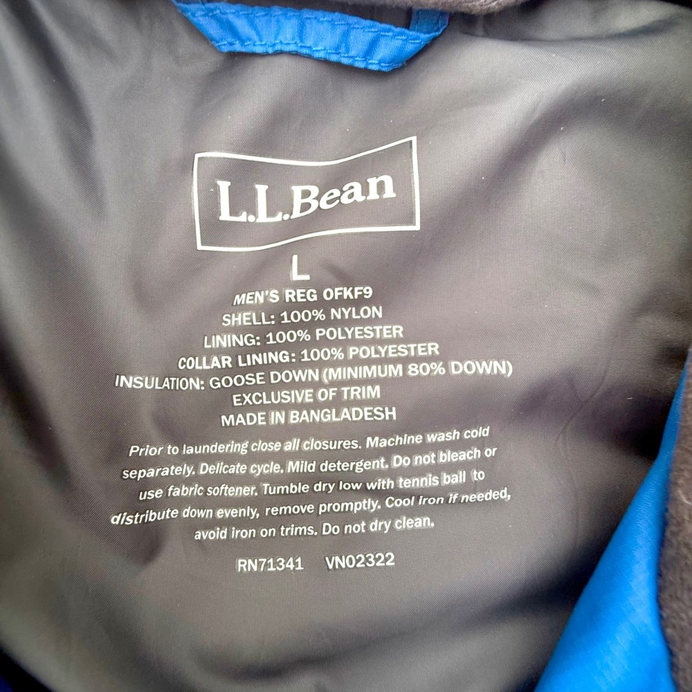LL Bean Mens Blue Goose Down Puffer Vest Blue Quilted Full Zip Large - Picture 3 of 6